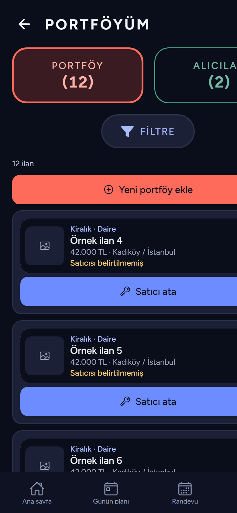 LettingAgent portföy ekranı: ilanlar ve satıcı ataması