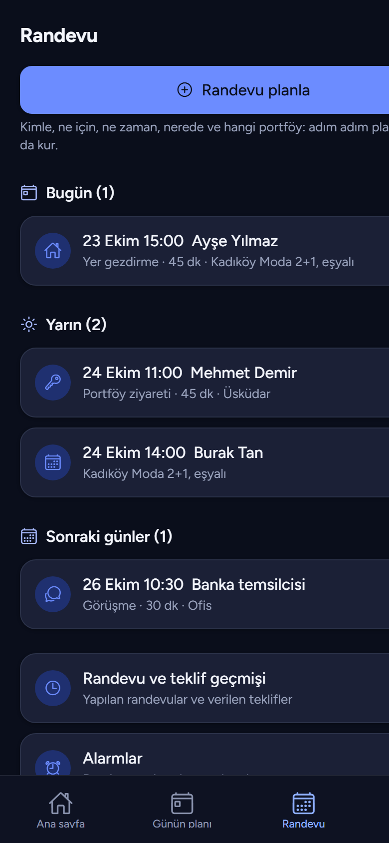 LettingAgent randevu ekranı: bugün, yarın ve sonraki günler