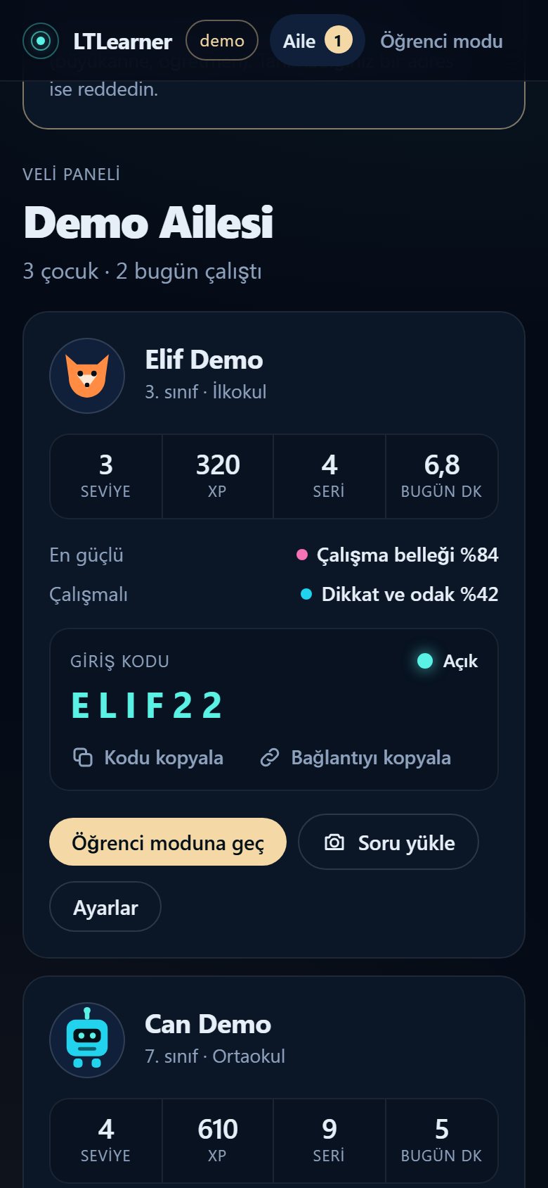 Veli paneli: çocuk kartı, beceri durumu, giriş kodu