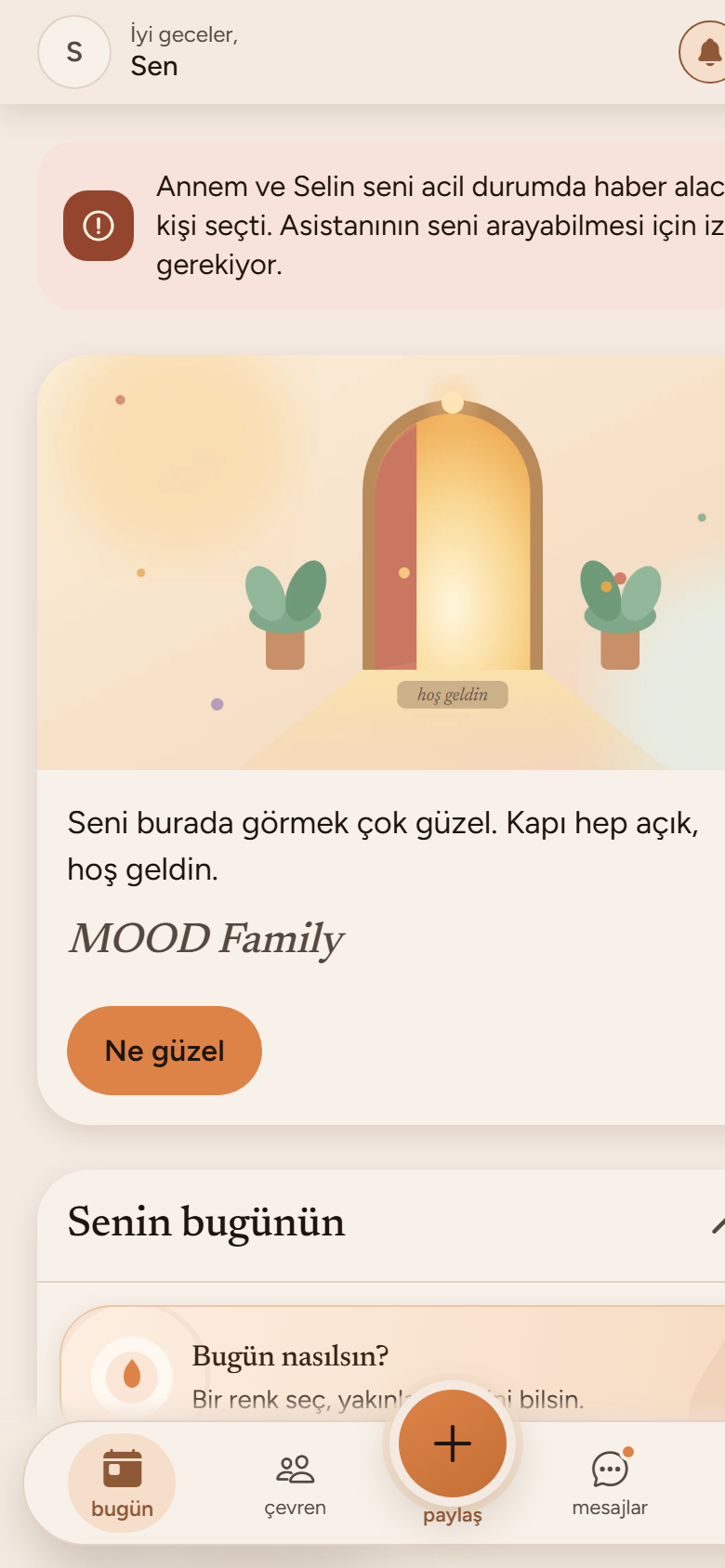 MOODfamily bugün ekranı: karşılama kartı ve günün hâli