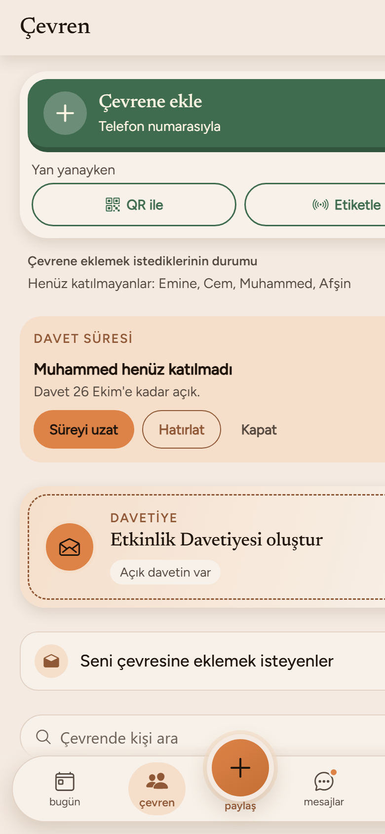 MOODfamily çevre ekranı: çevrene ekleme ve davetler