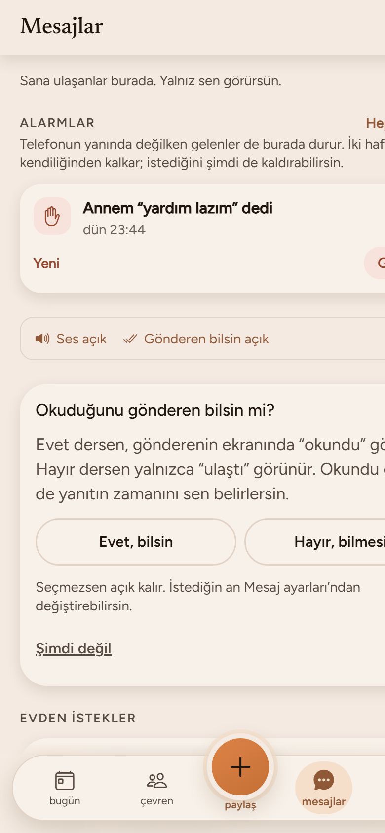 MOODfamily mesajlar ekranı: sana ulaşanlar ve okundu tercihi