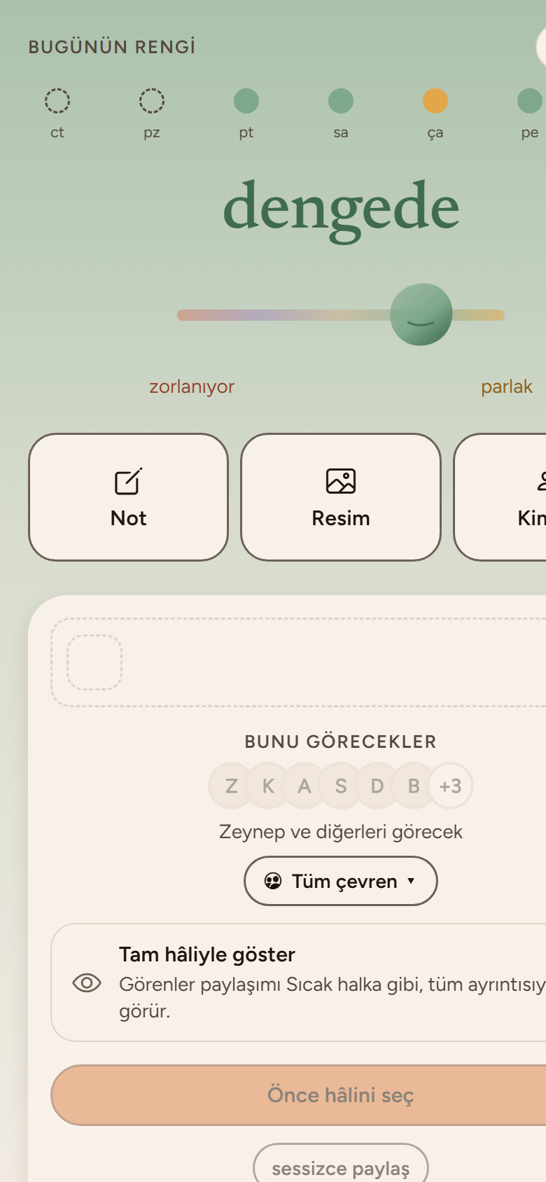 MOODfamily paylaşım ekranı: bugünün rengi ve kimlerin göreceği